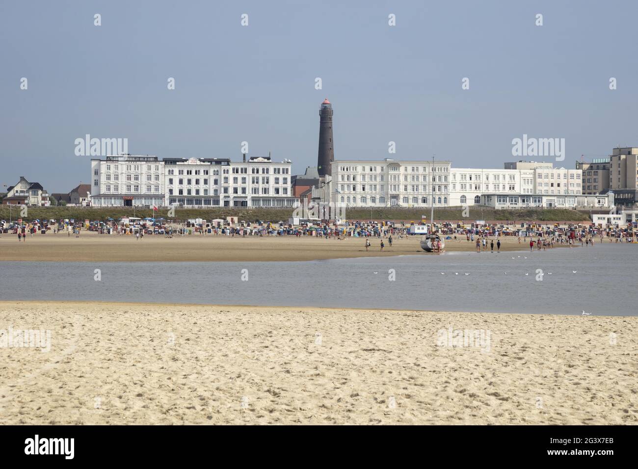 Main beach with Hotels and Lighthouse Stock Photo