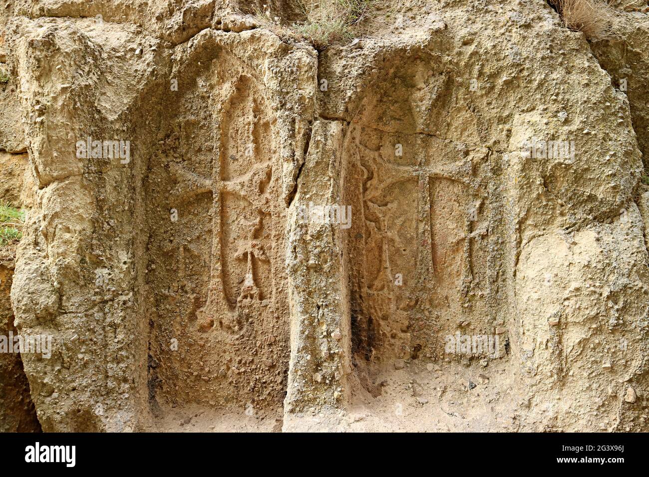 Engraved Crosses in the Geghard Medieval Monastery Complex, UNESCO World Heritage Site near Goght, Kotayk Province, Armenia Stock Photo