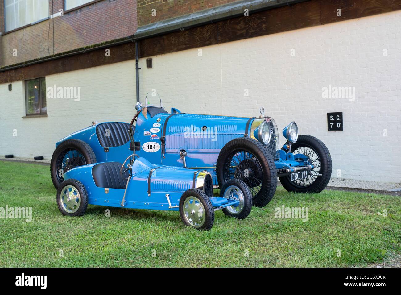 Vintage Bugatti T37 and a mini replica bugatti car at Bicester Heritage Centre sunday scramble event. Bicester Oxfordshire England Stock Photo Alamy