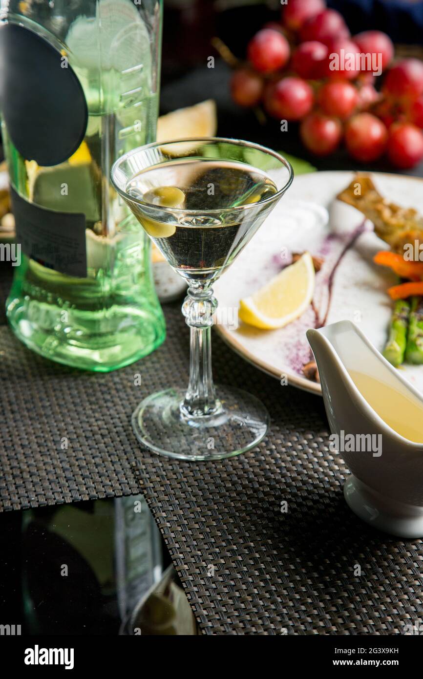 Glass of semidry white wine, an aperitif. Wine with grilled meat and