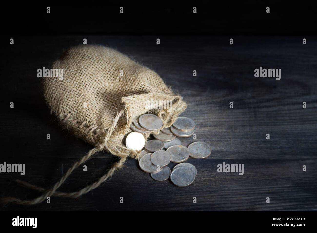 Sack with the thirty silver coins biblical symbol of the betrayal of judas Stock Photo