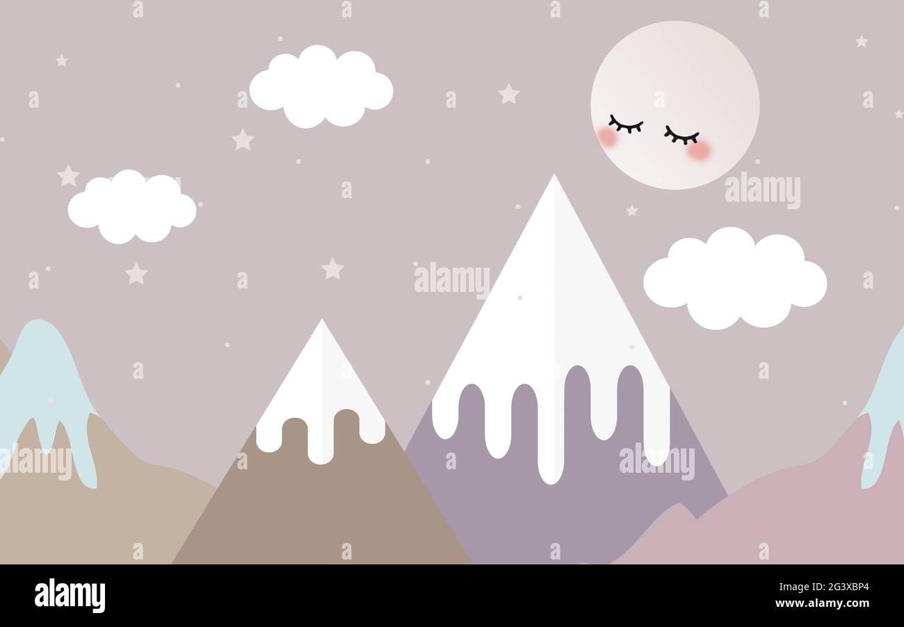 Illustration for children's room, snow-capped mountains, cloudy sky with stars and embarrassed full moon Stock Photo