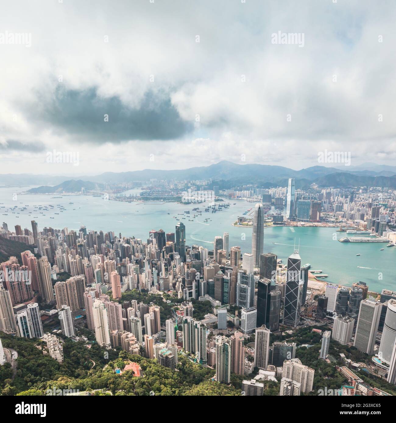 Amazing aerial view of the Victoria Harbour of Hong Kong, Clear sunny