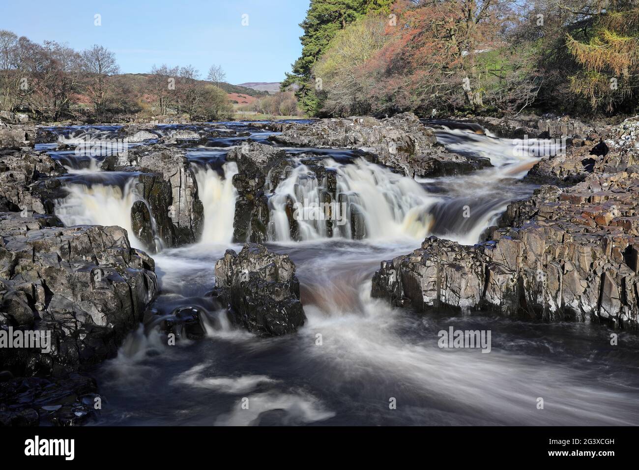 The River Tees Flowing over the Dark Whin Sill Rocks of Salmon Leap Falls near Low Force, Bowlees, Teesdale, County Durham, UK Stock Photo