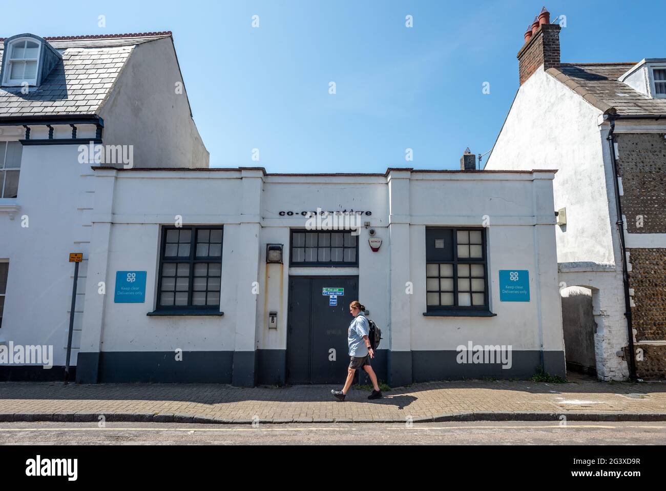 Shoreham, June 8th 2021: The Co-Op delivery entrance in Church Street, Shoreham-by-Sea in West Sussex, was once The Star cinema. Stock Photo