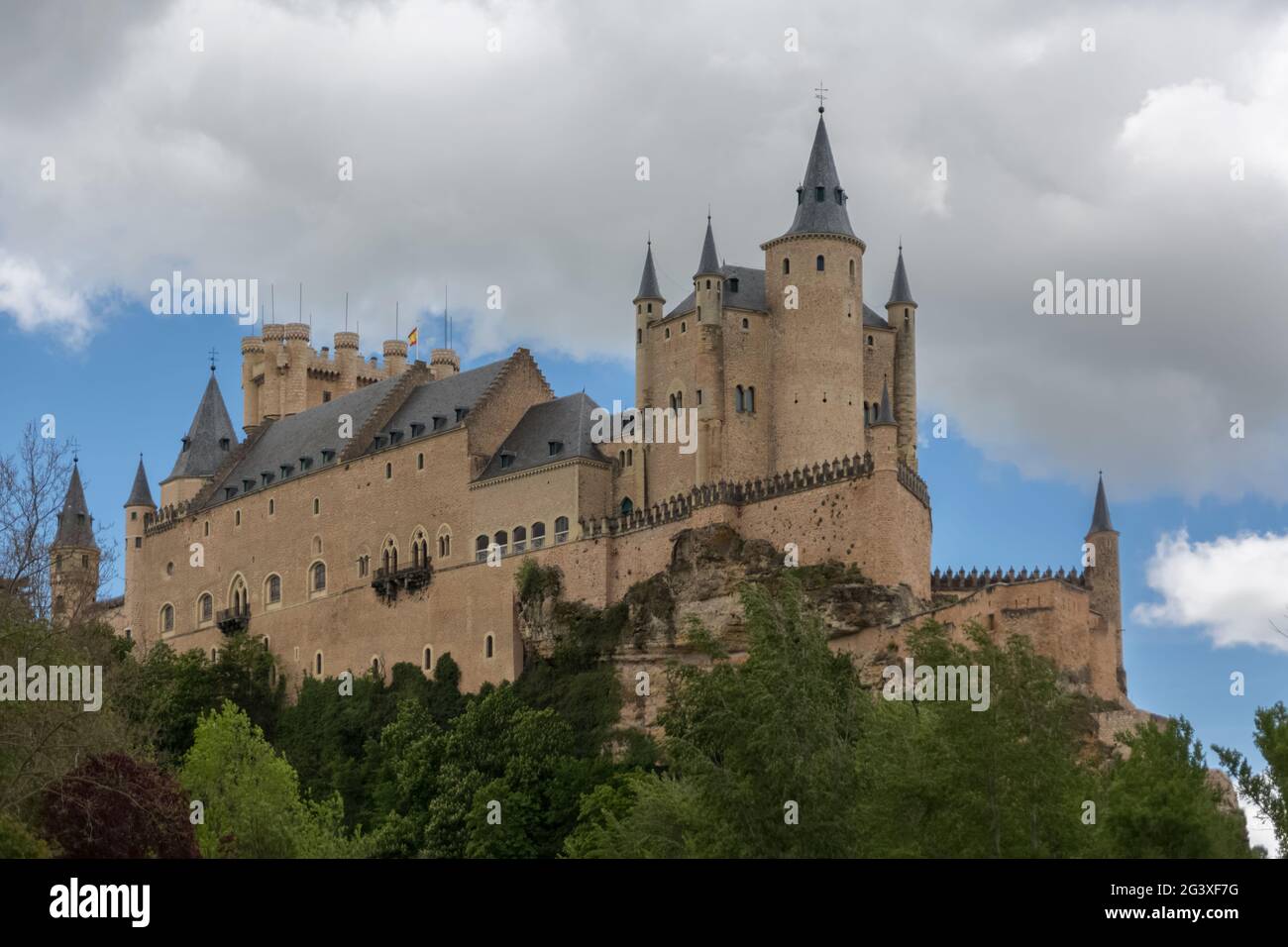Segovia Old Stone Historical Fort Ancient Landmark Fortress Tower Chateau  Palace Spain Medieval Historic Europe Castle Church Tourism History Wall  Fortification Travel Architecture Building Sky Stock Illustration