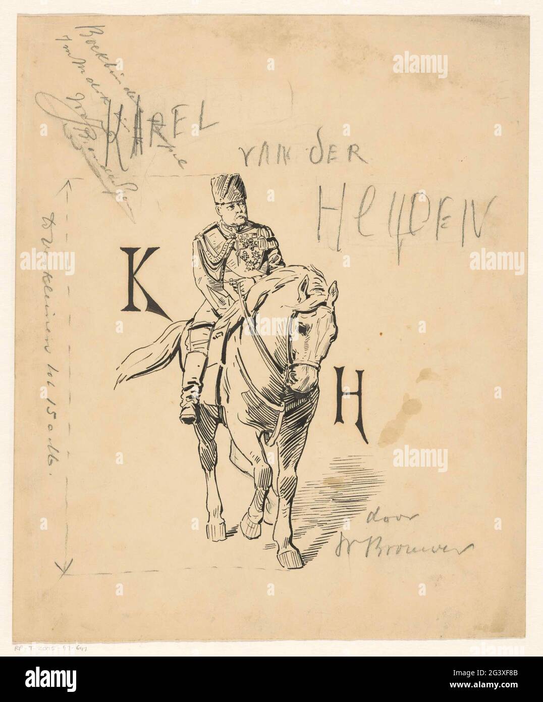 Band design for: W. Brouwer, Karel van der Heyden (famous men dl. V), 1900.  General van der Heijden on horseback, with left and right are initials 'k'  and 'h' Stock Photo - Alamy