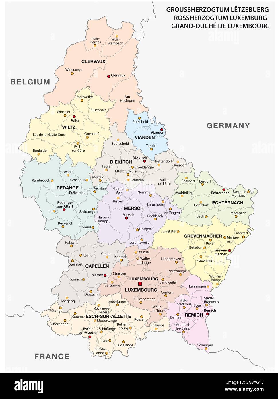 Administrative and political vector map Grand Duchy of Luxembourg Stock Photo