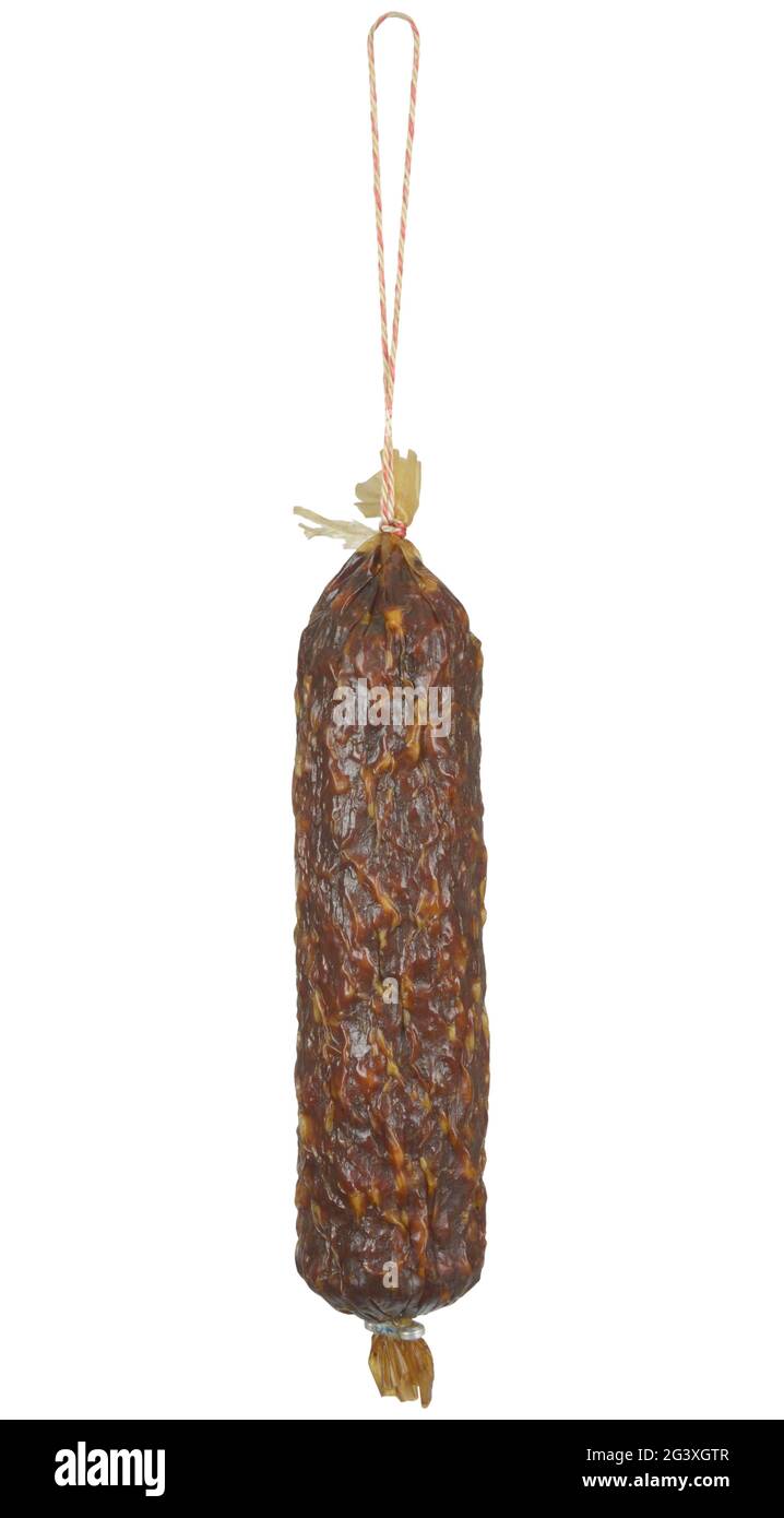Hanging salami, isolated Stock Photo Alamy