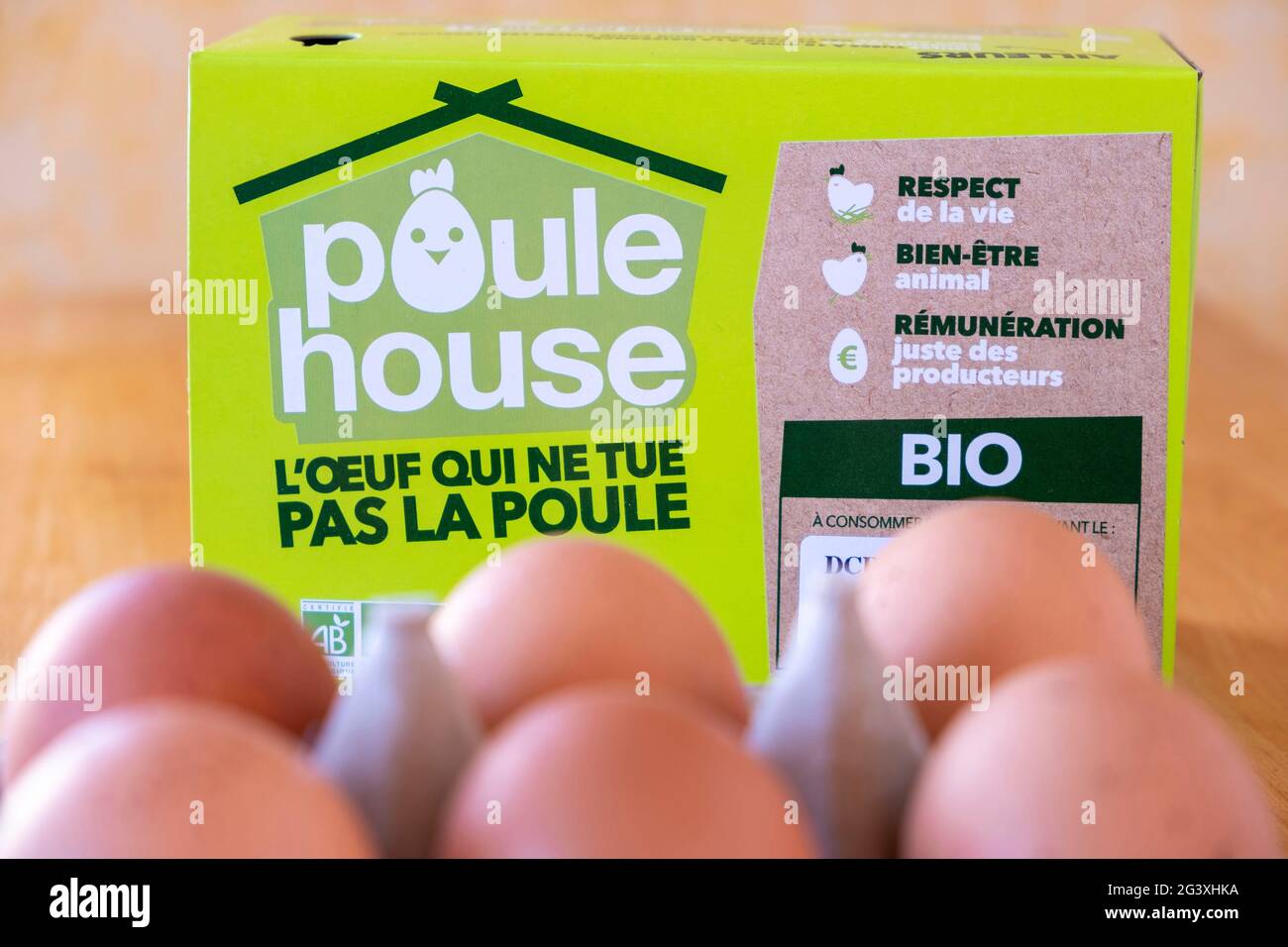 Poulehouse, the only egg brand on the market which doesn't kill chickens. The brand has committed itself to feed chickens, raise and care for them unt Stock Photo