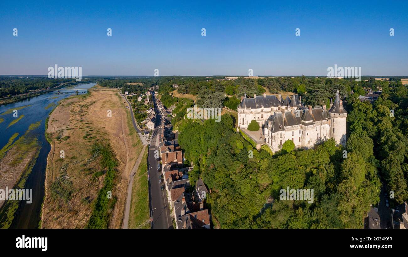 Chaumont sur Loire (central France): aerial view of the castle dating back to the 15th century, the banks of the Loire river and the Loire Valley. The Stock Photo