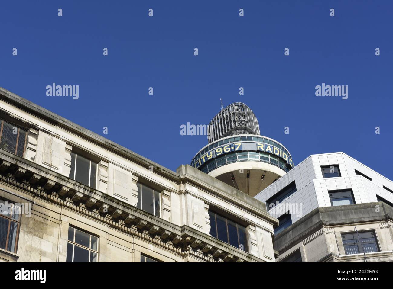 Radio City tower, in Liverpool city centre shopping district, Merseyside England UK. Copy space and blue sky.  Also known as St John's Beacon Stock Photo