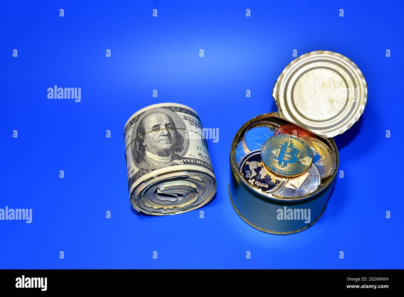 Bitcoin and dollars in tin can. Keeping money and cryptocurrency in metal  food can. Сrypto coin XRP Ripple, Ethereum is hidden in container. BTC  minin Stock Photo - Alamy