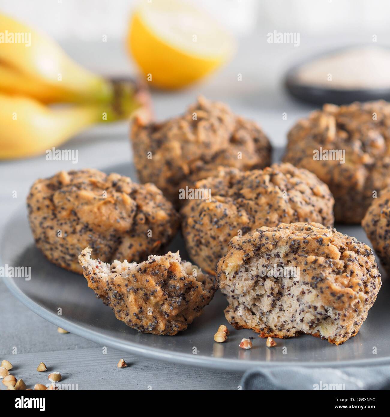 Banana muffins with buckwheat flour and poppy seeds Stock Photo Alamy
