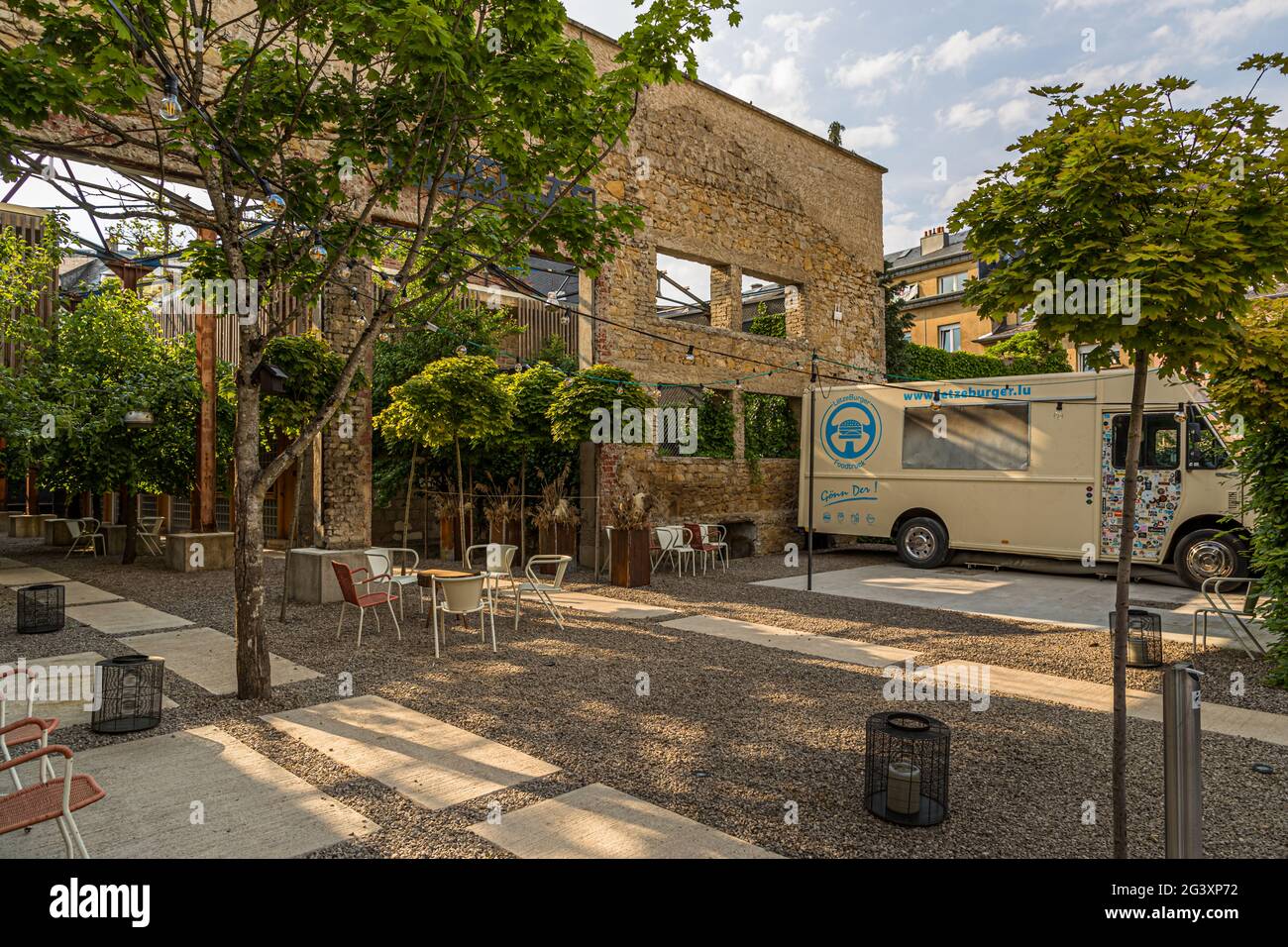 Food truck on the premises of the Graace Hotel in Luxembourg Stock Photo