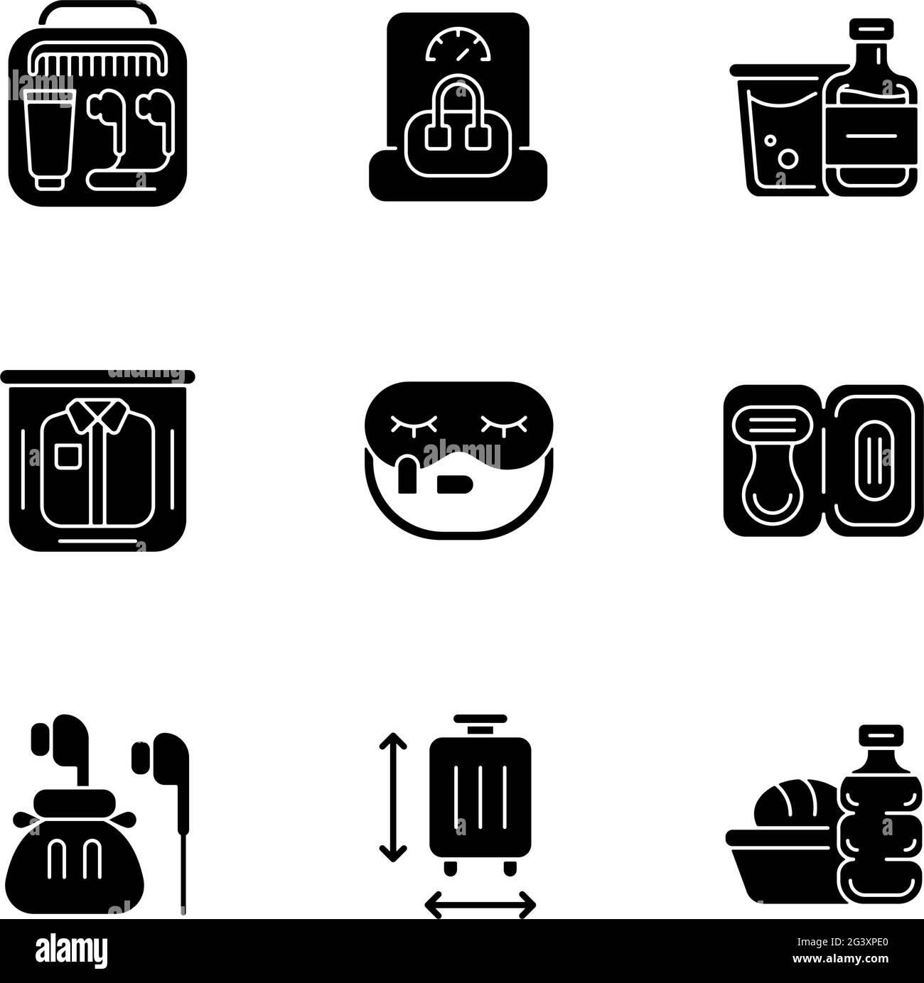 Essential tourist pack for travel black glyph icons set on white space ...