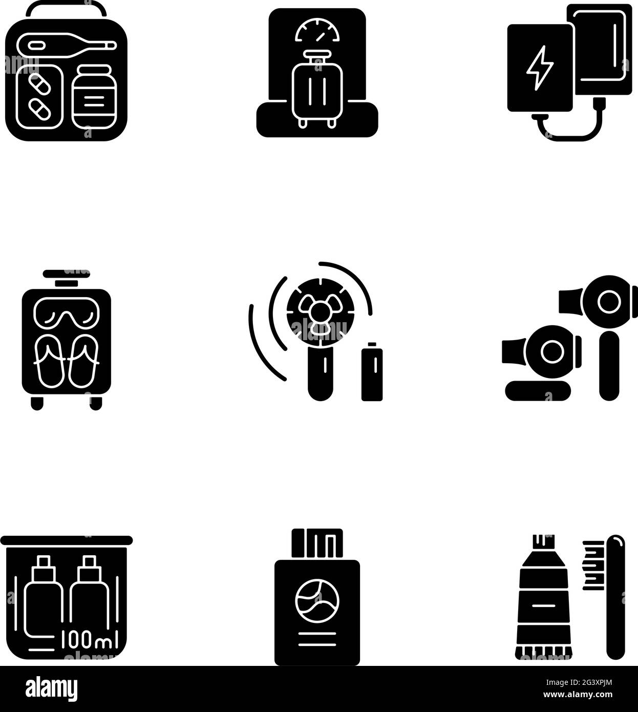 Airplane passenger travelling things black glyph icons set on white ...