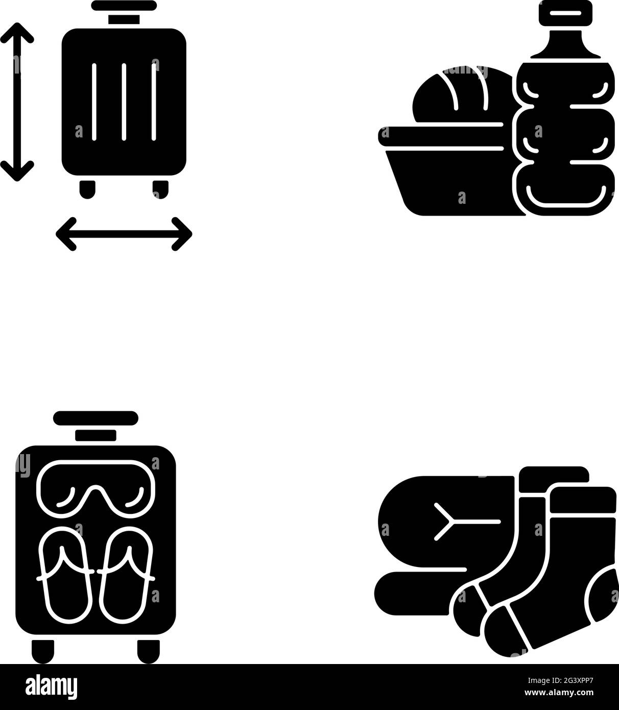 Airplane travel essential pack black glyph icons set on white space ...
