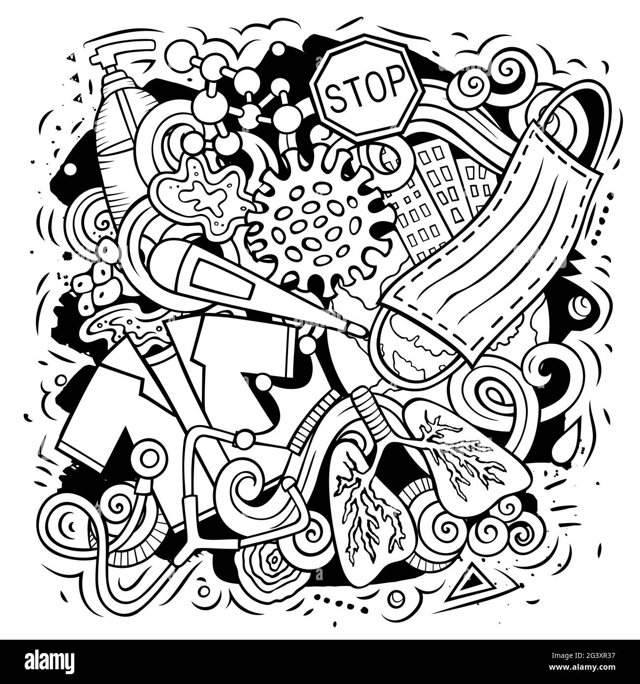 Coronavirus hand drawn cartoon doodles illustration. Creative art vector background with quarantine elements and objects. Sketchy composition Stock Vector