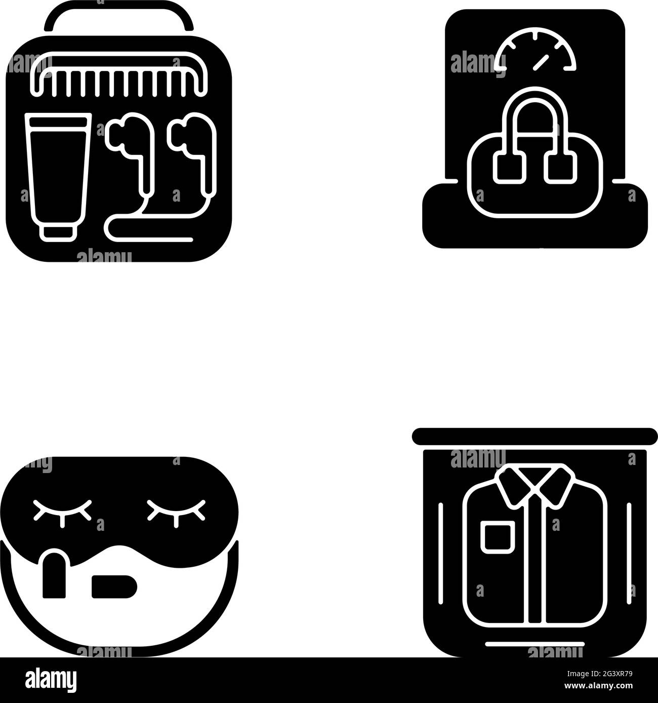 Essential things for travelling black glyph icons set on white space ...