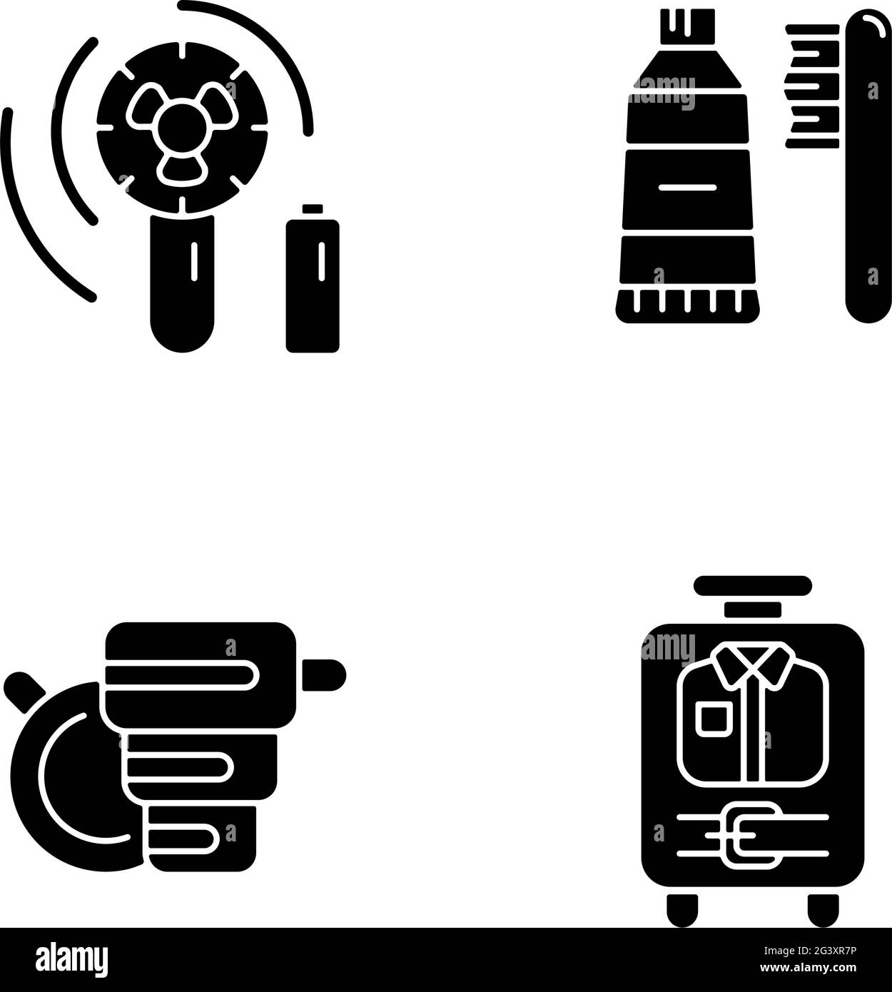 Things for travelling tourist suitcase black glyph icons set on white ...