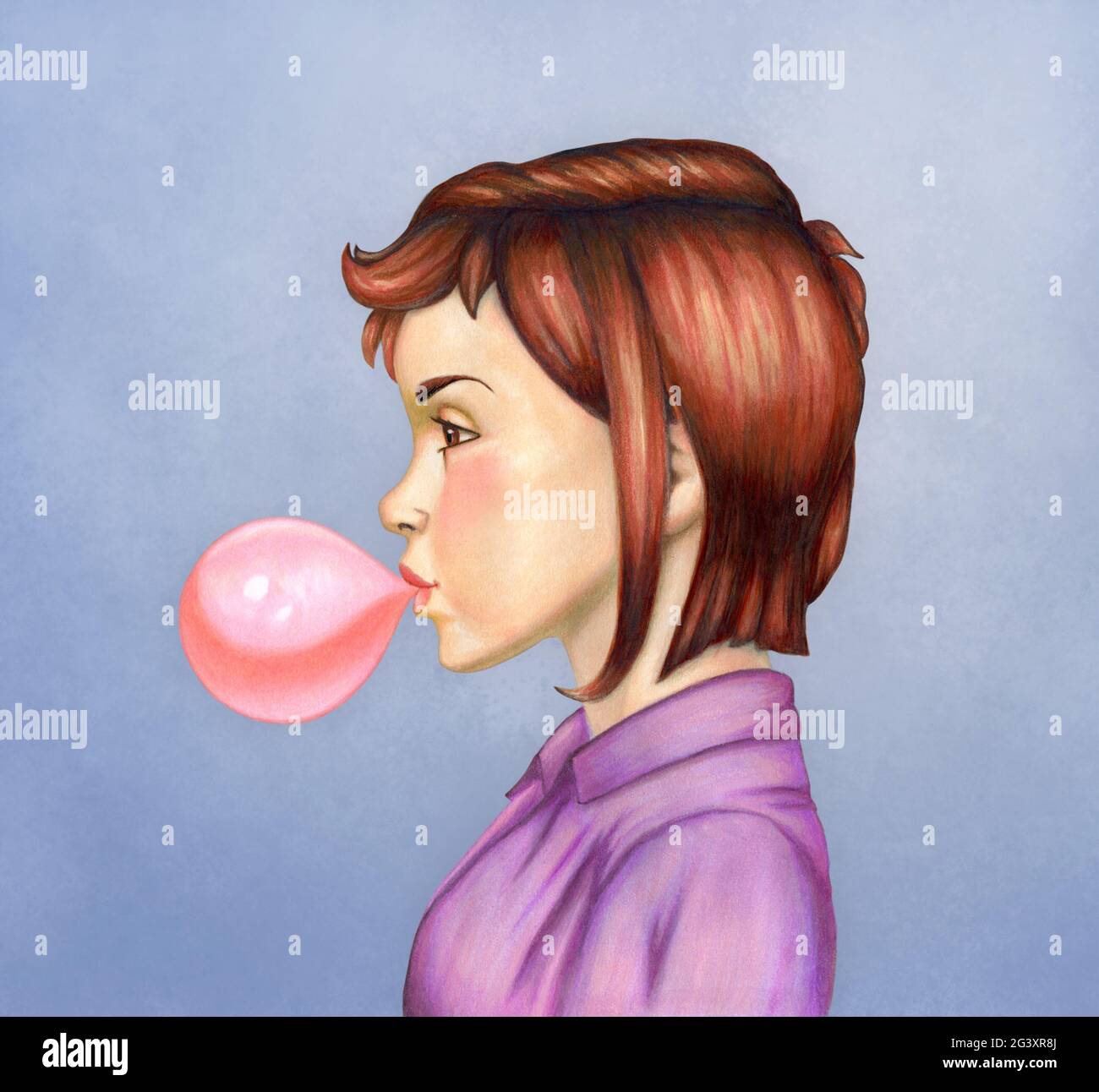 Young girl blowing bubble gum. Mixed media illustration. Stock Photo