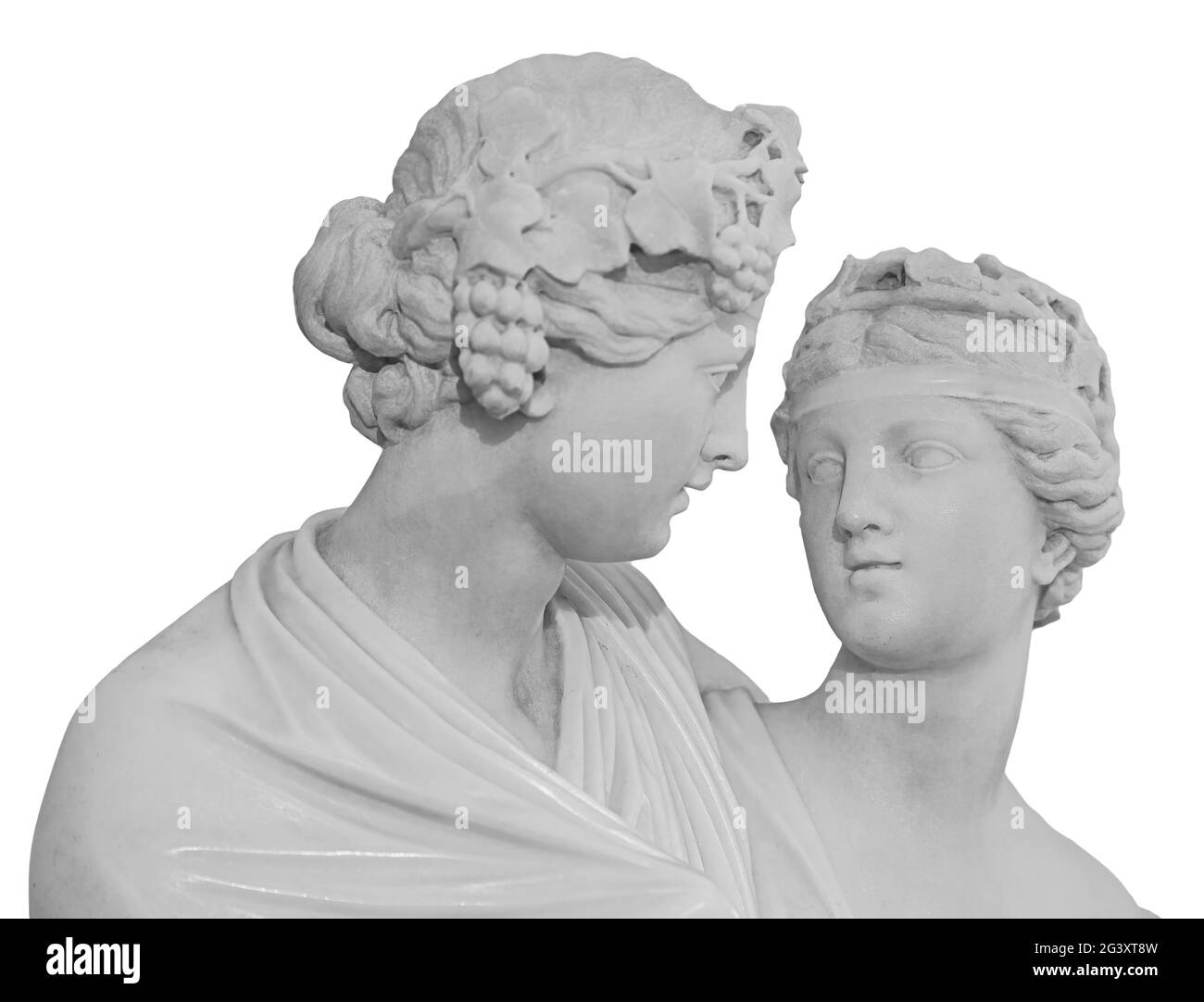 Ancient sculpture of Bacchus and Ariadne. Marble man and woman statue isolated on white background. Stock Photo