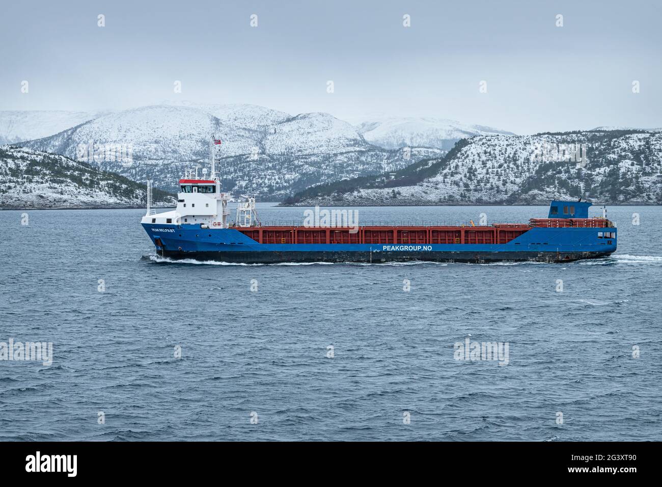 Ship Peak Belfast off the Norwegian Coast in Winter, Norway Stock Photo