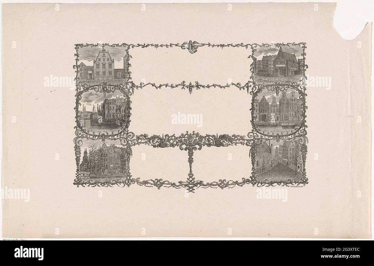 Ornamented picture frame with six cityscapes in Amsterdam. Faces on