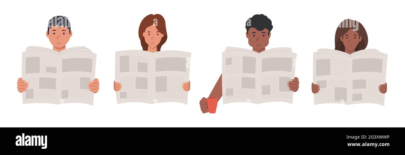 Guys and girls are reading a newspaper, characters in a flat style