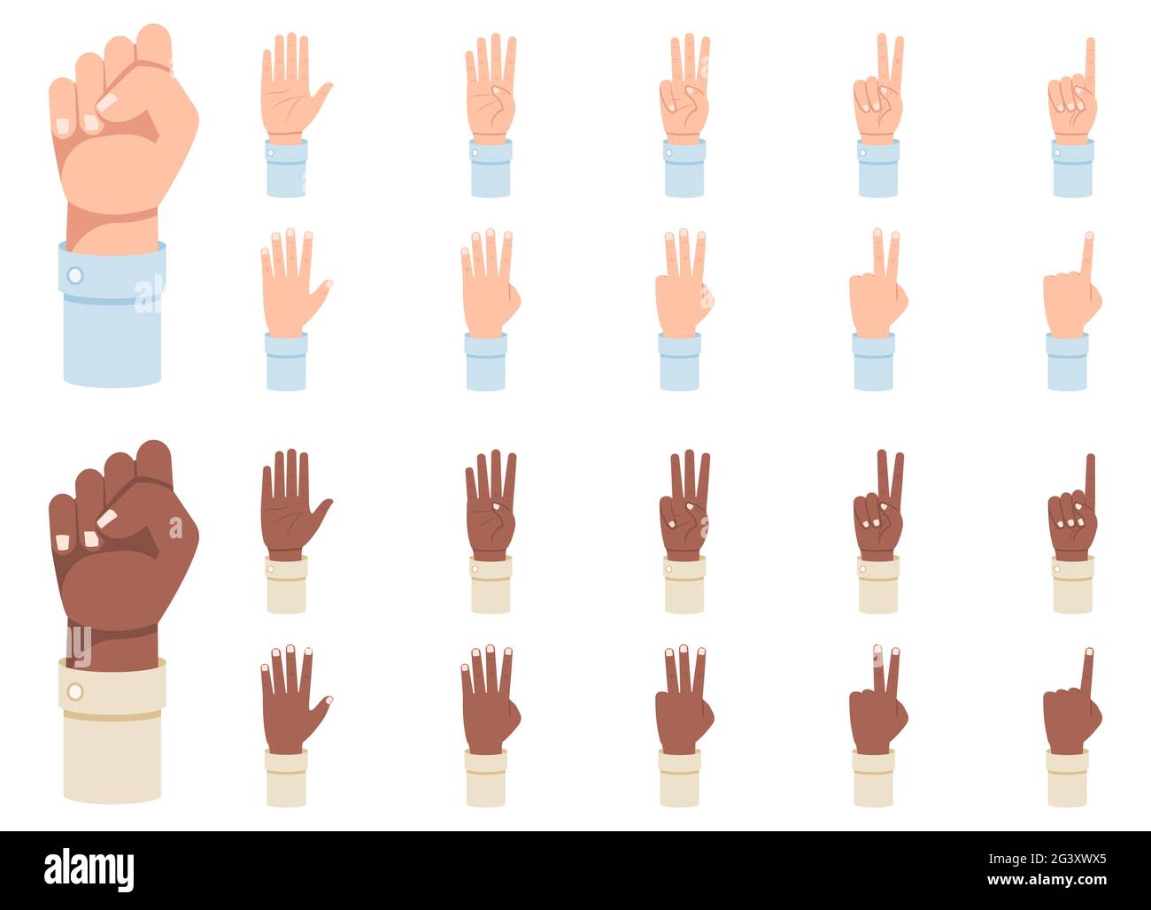 Finger counting. A set of hands with counts on the fingers from one to