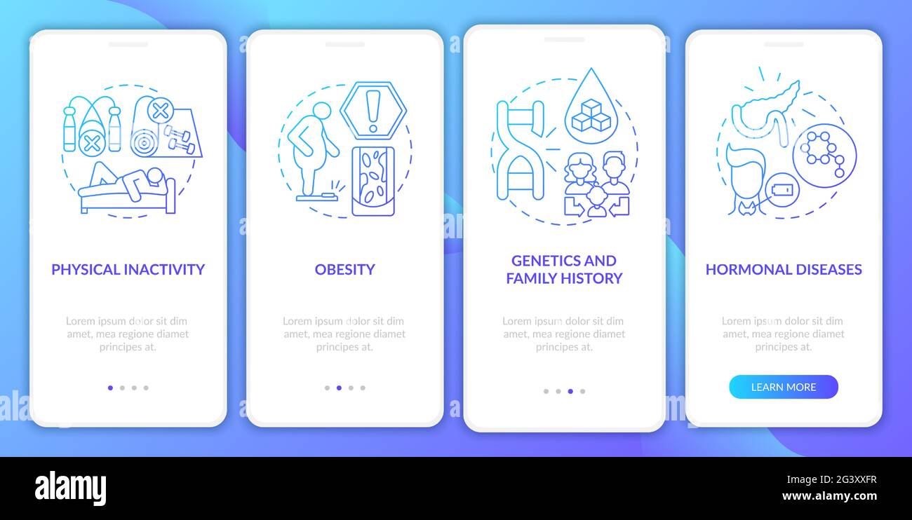 Diabetes causes onboarding mobile app page screen Stock Vector