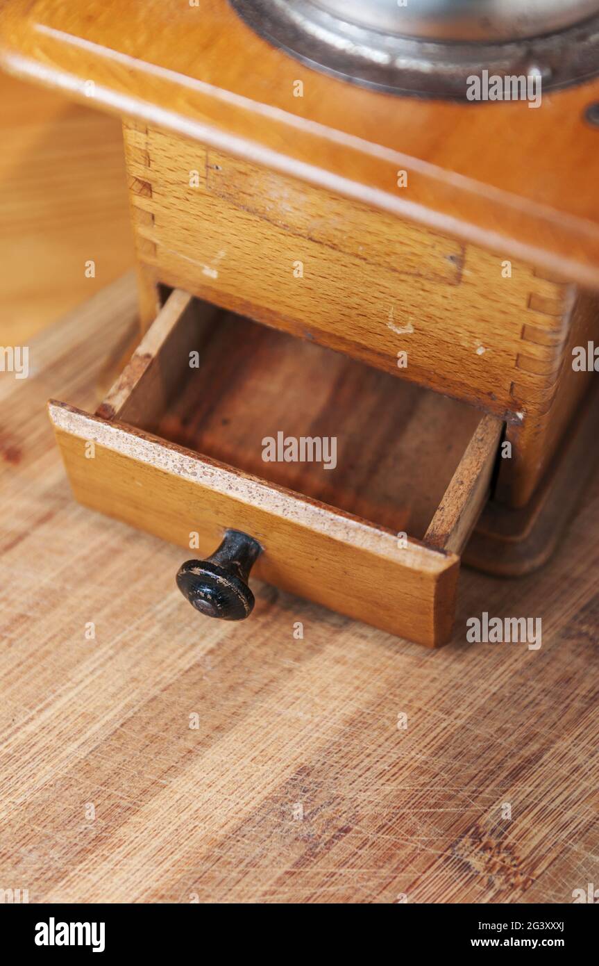 Coffee grinder with open drawer Stock Photo
