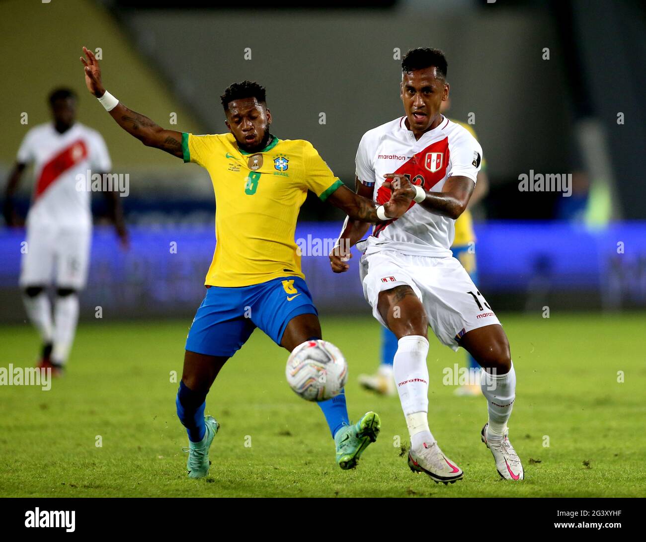RIO DE JANEIRO, BRAZIL - JUNE 17: : Fred of Brazil competes for the ball with Renato Tapia of Peru ,during the match between Brazil and Peru as part of Conmebol Copa America Brazil 2021 at Estadio Olímpico Nilton Santos on June 17, 2021 in Rio de Janeiro, Brazil. (Photo by MB Media) Stock Photo