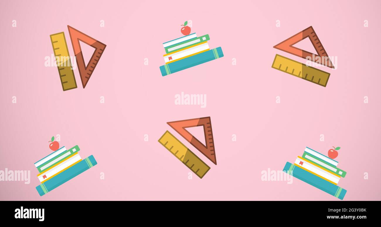 Composition of rulers and stacks of books with apples floating over ...