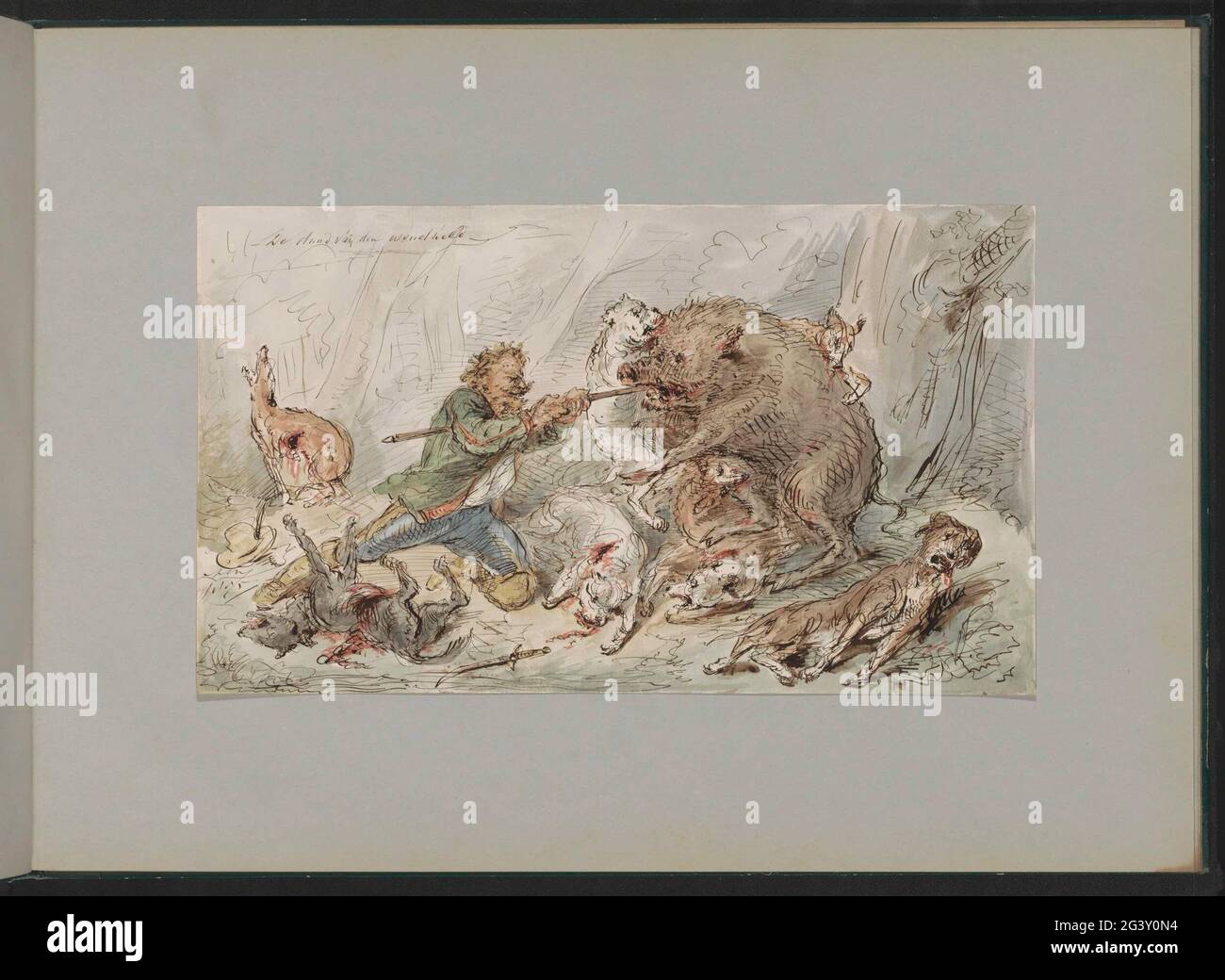 Man killing a wild boar in a forest. The man puts a sword or stick in the junk of the boar that is attacked by two dogs at the same time. Around Man killing a wild boar in a forest. The man puts a sword or stick in the junk of the boar that is attacked by two dogs at the same time. Around