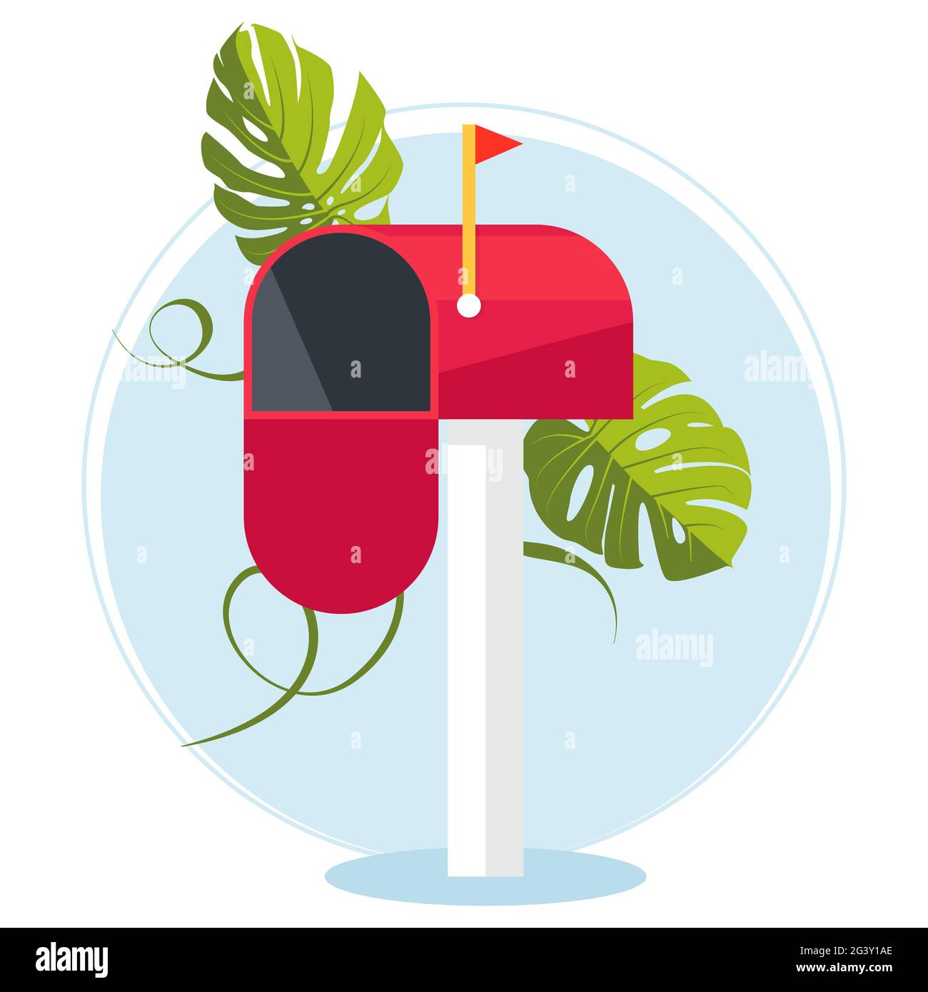 Red mailbox on a stick. Communication between people. Place for envelopes, correspondence. The work of the post office. Send mail. Stock Vector