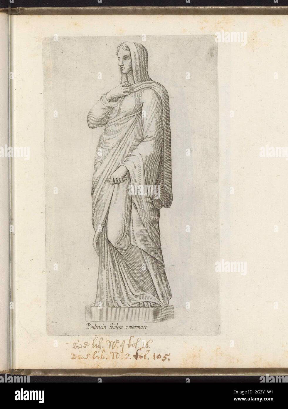 Sculpture of pudicitia; Sculptures from ancient times. Caption in Latin. Print is part of an album. Stock Photo