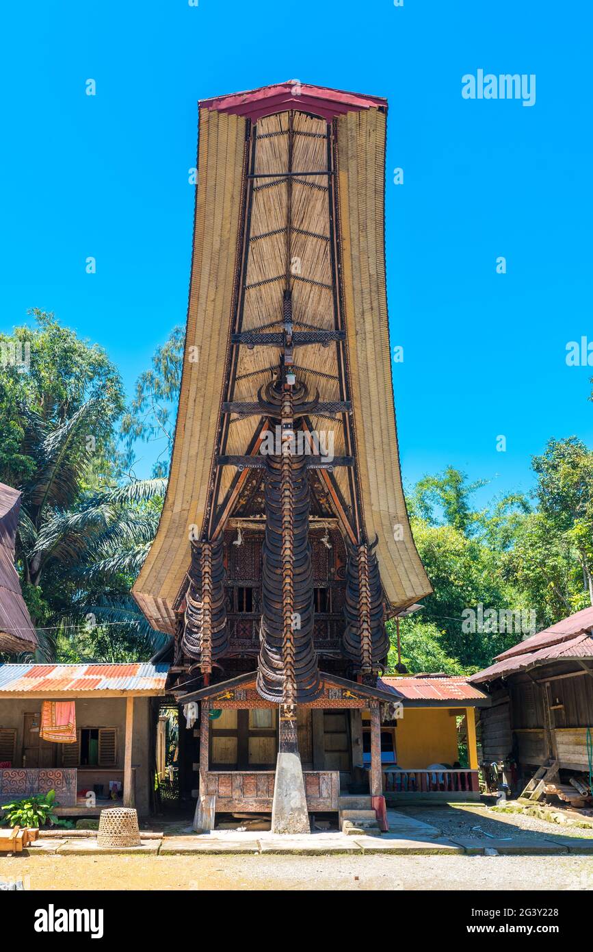 Tongkonan is the traditional ancestral house, or Rumah adat of the Torajan people Stock Photo