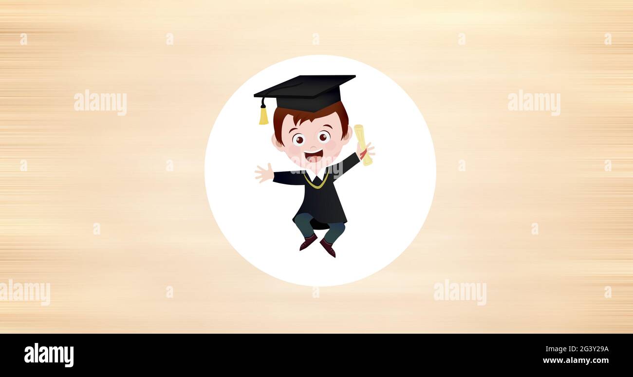 Composition of cartoon schoolboy in white circle on cream background Stock Photo