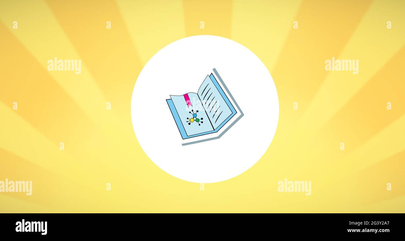 Composition of open textbook in white circle on yellow striped background Stock Photo
