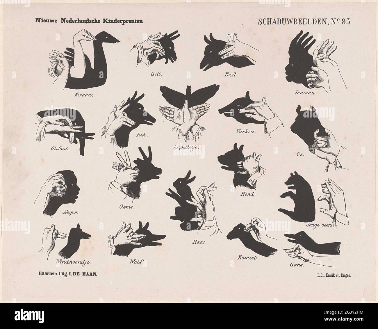 Shadow images; New Dutch childrens with 18 examples of shadow figures to mimic with the hands, such as a swan, an Indian, a pig and a goose. Under every