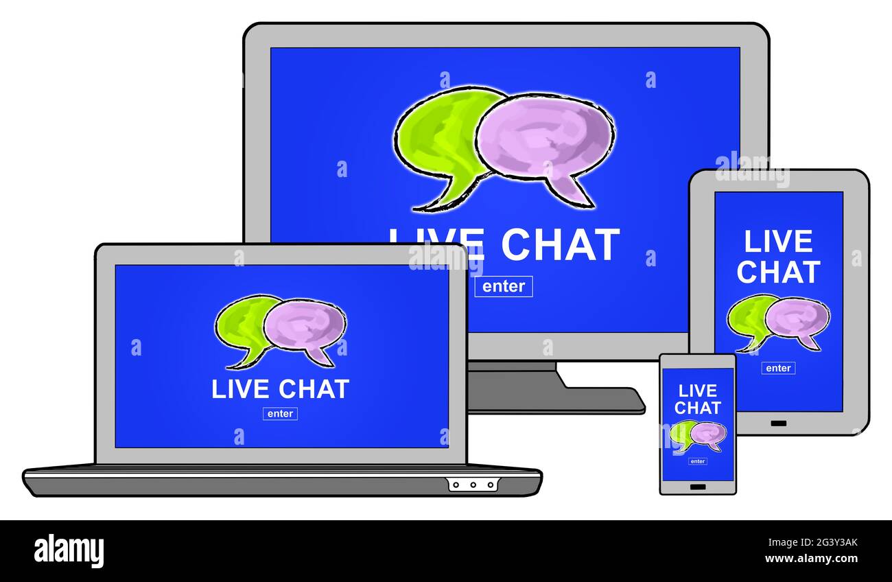 Live chat concept shown on different information technology devices Stock Photo