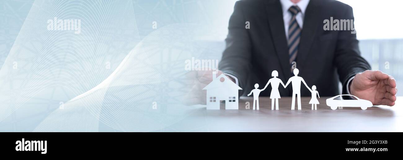 Insurer protecting house, family and car with his hands. panoramic banner Stock Photo