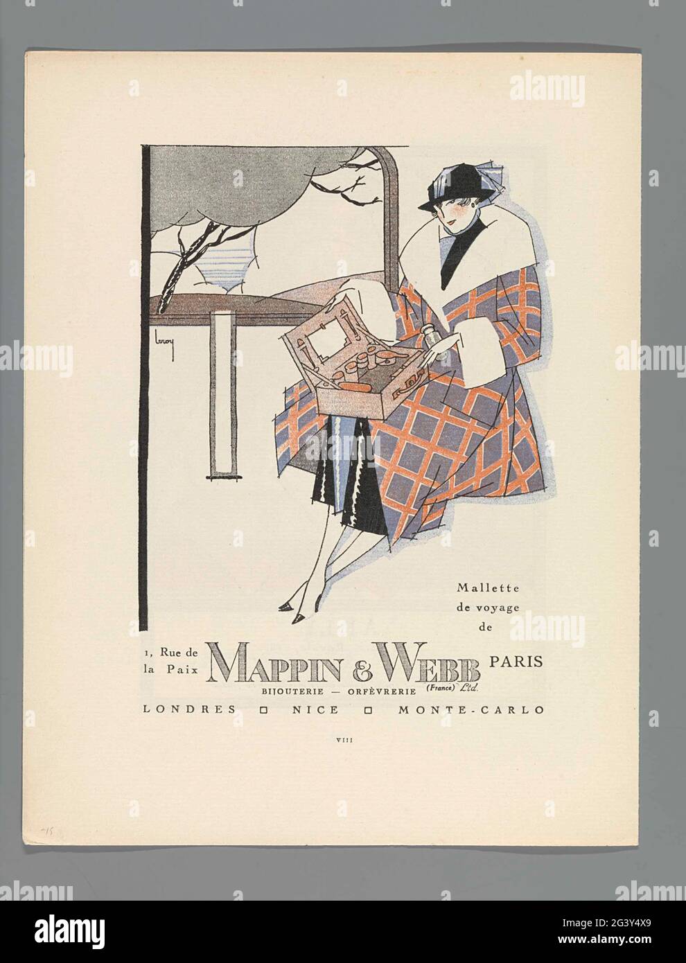 Gazette du Bon Ton, 1921 - No. 2, PL. VIII: Ad Mappin & Webb. Advertisement  Mappin & Webb, Bijouterie- Orfèverie, 1, Rue de la Paix, Paris. Sitting  woman in checkered cloak with