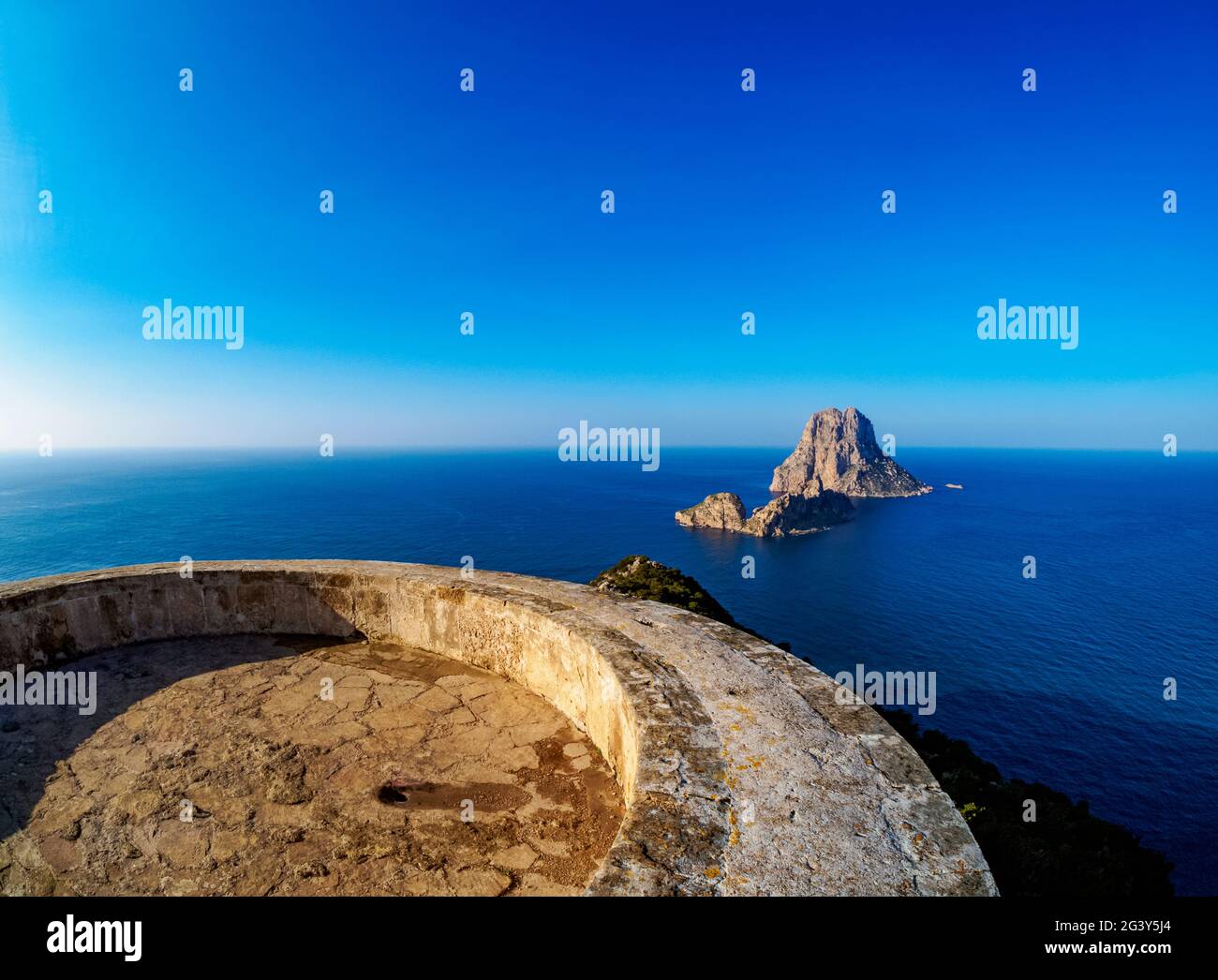 View from Torre des Savinar towards Es Vedra Island, Ibiza, Balearic Islands, Spain Stock Photo