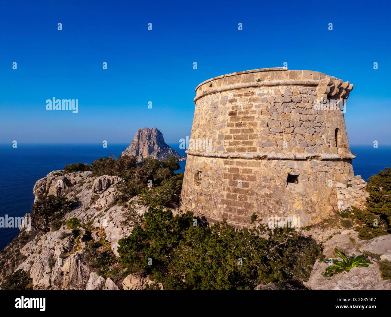 Torre des Savinar and Es Vedra Island, Ibiza, Balearic Islands, Spain Stock Photo