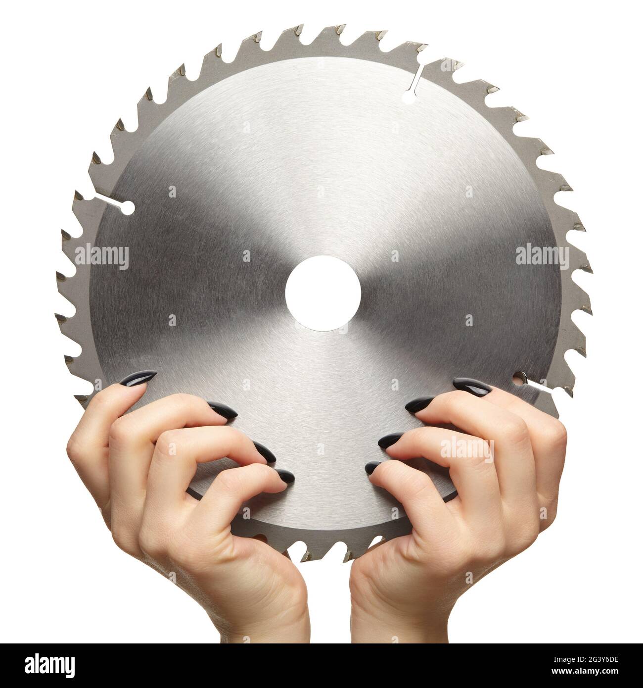 Female hands with black nails manicure with circular saw blade Stock Photo Alamy