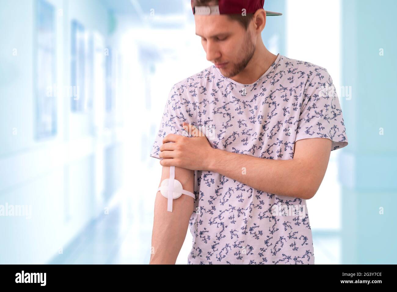 male hand bandage after the blood donation, medical patient donor