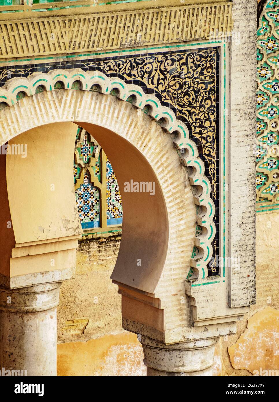 Bab Mansur or Bab Mansour, gate of the Old Medina, detailed view, Meknes, Fez-Meknes Region, Morocco Stock Photo